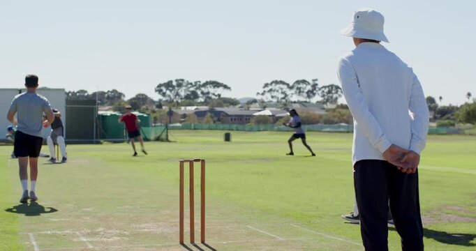 Male umpire raising finger calling batsman out, male fielder catching ball on pitch, copy space