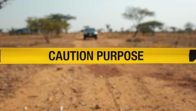 Caution tape marking an unpaved road in a rural area with a vehicle in the distance on a sunny day