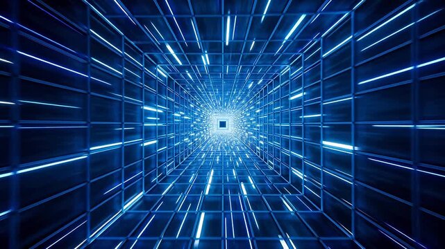 Grid cube tunnel with blue glowing lines converging to center