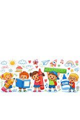 Fototapeta premium A cheerful cartoon of kids holding books and other learning tools.
