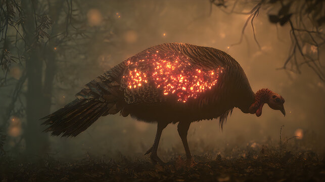 Glowing wild turkey bird standing in a dark misty forest