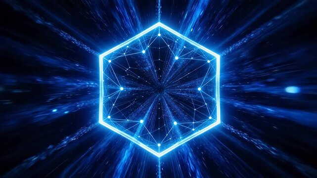 Glowing hexagonal frame with network nodes on deep blue digital space background