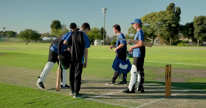 Diverse male team arriving at park cricket pitch carrying bags, preparing for match with bats