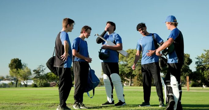 Diverse male teammates using batsman gesture outlining field plan, walking off pitch with bats