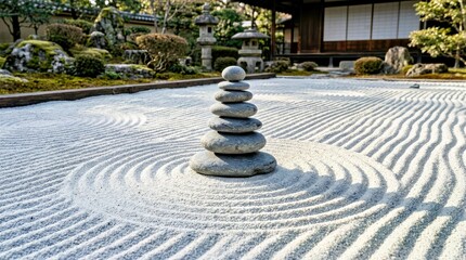 Naklejka premium Japanese Zen Garden With Raked Gravel and Stone Pagoda