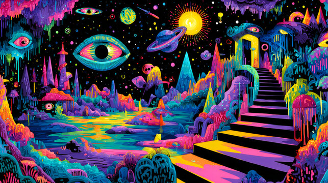Colorful pixel art space landscape with stairs and eye