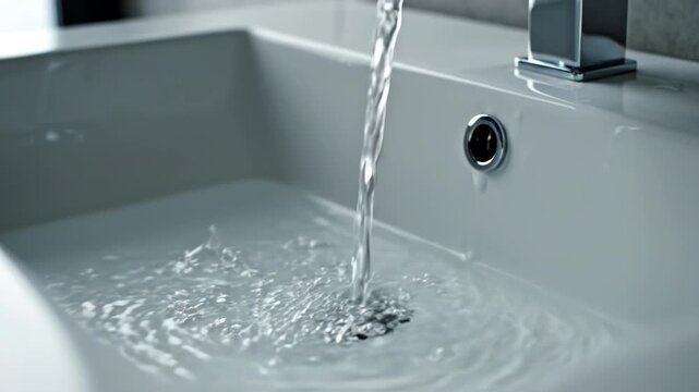Close-up view of a modern chrome faucet with running water flowing into a white ceramic basin in a minimalist bathroom interior with grey wall tiles and natural lighting.