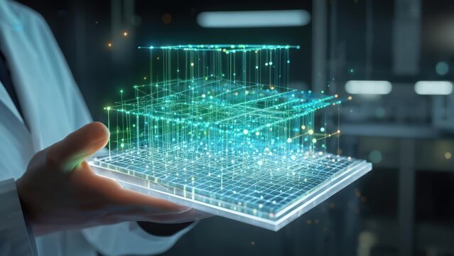 Scientist holds digital building