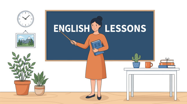 Professional female teacher standing in front of a classroom chalkboard giving an English language lesson illustration
