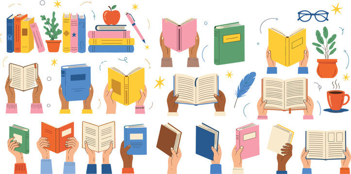 Diverse hands holding open and closed books flat vector illustration isolated on white background