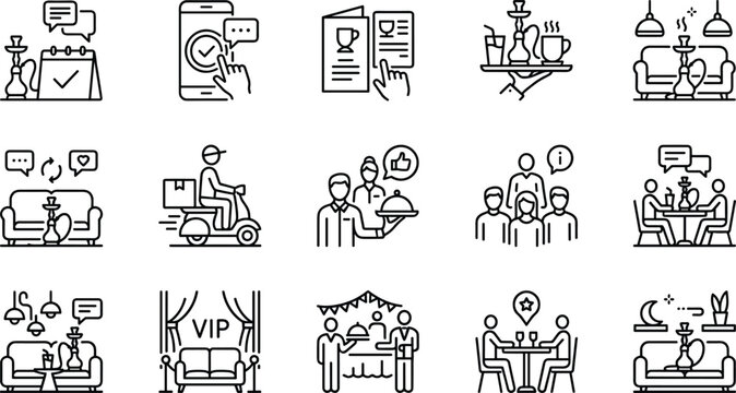 Hookah lounge and restaurant service line icon set featuring food delivery catering vip room menu reservation mobile booking and hospitality symbols vector