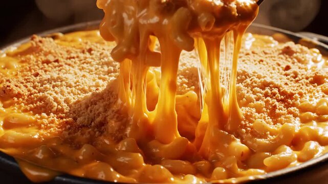Spoon scooping creamy macaroni and cheese with melted cheddar cheese strings and breadcrumb topping