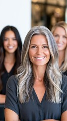 Fototapeta premium Hair salon professionals reviewing salon materials together, beauty business concept.