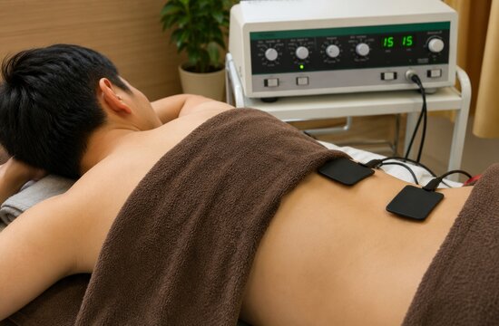 Physical Therapist Applying Electrical Stimulator Treatment to Male Patient During Rehabilitation Session