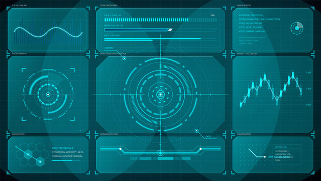 Futuristic cyan HUD dashboard with central radar reticle, system load bars, telemetry charts, diagnostics panels, and network status display