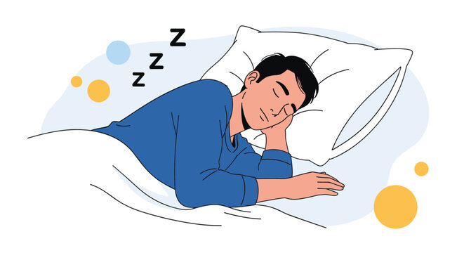 Peaceful young man sleeping soundly in his comfortable bed under a warm white blanket at night with sweet dreams concept.