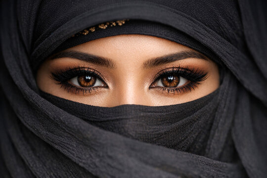 Close-up portrait of a woman wearing traditional eye makeup and a black veil.