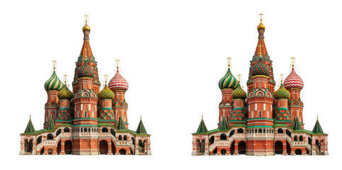 Two identical traditional russian orthodox cathedrals as PNG element isolated on transparent background