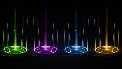 Dark vector illustration of four futuristic glowing portal rings with vertical light beams, neon particles and colored system node labels. © Антон Сальников