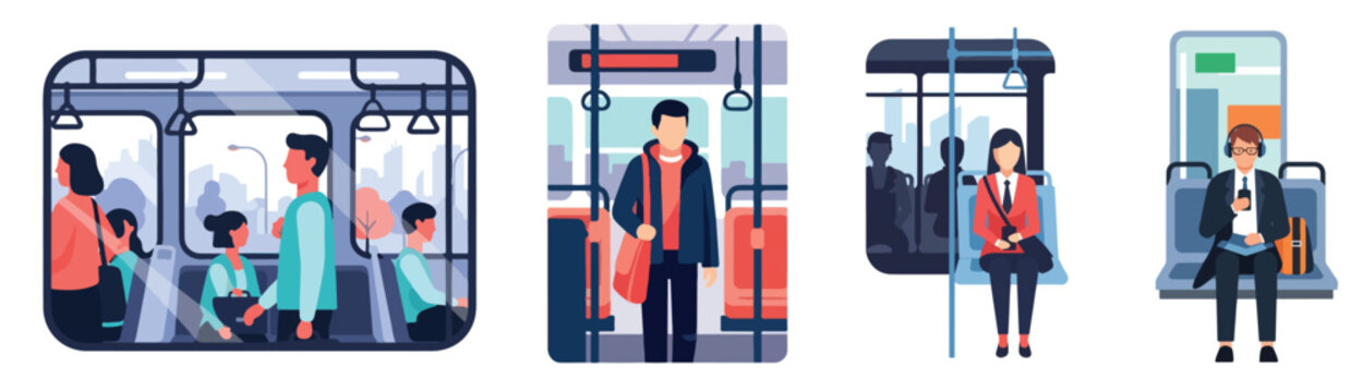 A collection of illustrations depicting diverse individuals commuting on public transportation like buses and trains