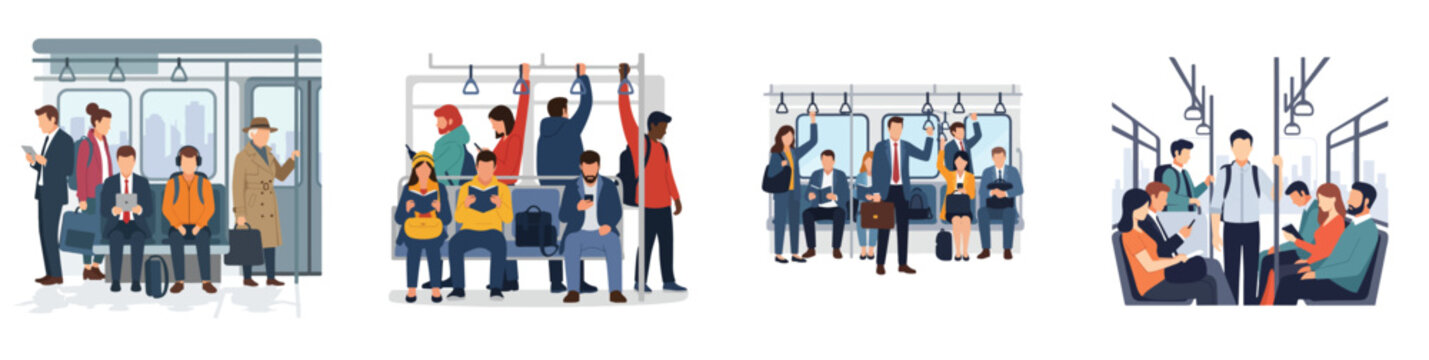 Diverse passengers journeying on bustling public transportation, depicting daily commutes and urban travel experiences within modern city transit systems