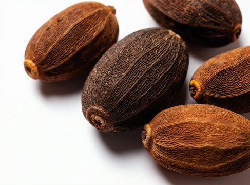 Dried Harad fruits, also known as Terminalia chebula, are oval shaped with textured brown shells. They are laid out on a clean white background for a macro shot, presenting their natural form.