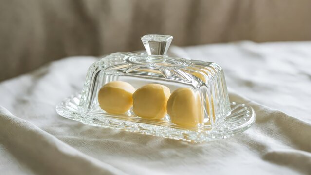 Three butter scoops in vintage glass butter dish on fabric table.