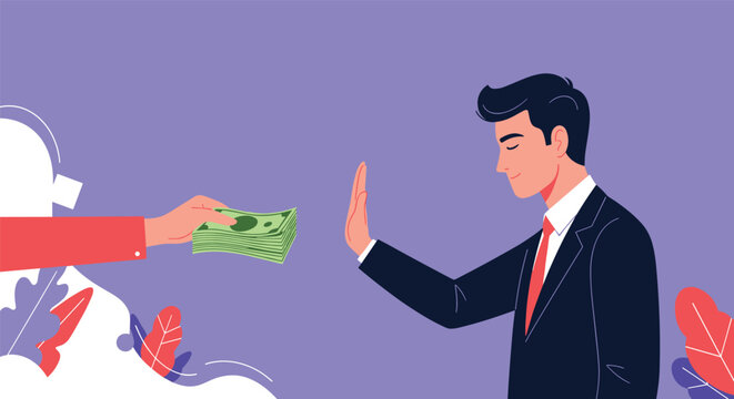 Honest businessman making stop hand gesture to reject a stack of cash money bribe representing anti corruption and integrity.