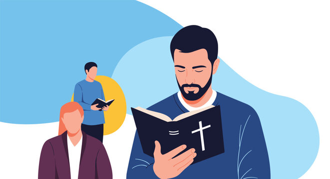 Christian people studying the holy book together with a focus on a man reading his bible with a cross on the cover.