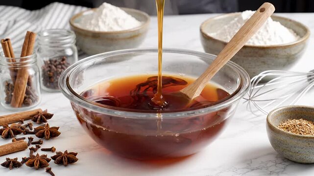 Amber liquid syrup pouring into bowl. Viscous honey flowing down. Sweet golden nectar drips slowly bowl.