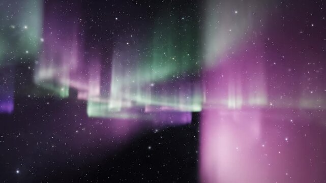 Aurora borealis lights moving across space. Green light waves. Purple glow patterns space waves stars.