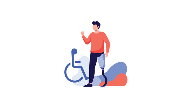 Disabled man with a prosthetic leg standing confidently with a stylized wheelchair symbol on a white background.