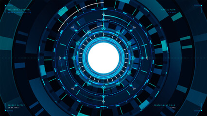 Naklejka premium Futuristic circular HUD interface with glowing cyan radial rings, central white core, arrows and telemetry labels on a dark technology background
