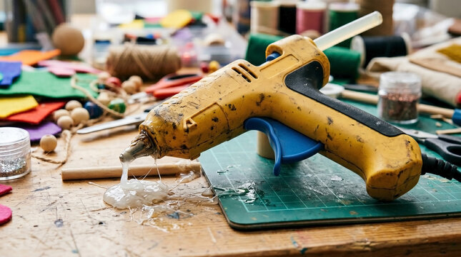 Hot glue gun on crafting table with colorful materials and tools for DIY projects. Stuck trigger on hot glue gun surrounded by vibrant papers, wood pieces,