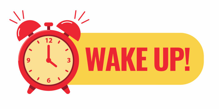 Red alarm clock ringing with wake up text on yellow banner