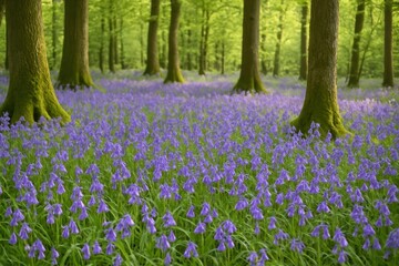 Naklejka premium Enchanting forest with blooming bluebells.