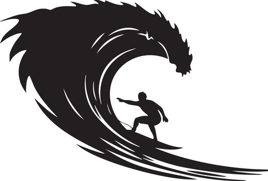 Surfer riding huge wave silhouette, Generative Ai