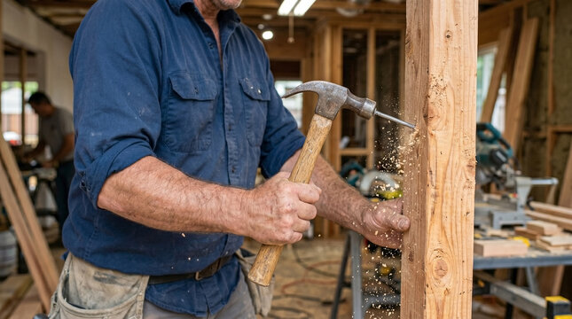 Skilled carpenter hammering nail into wooden stud in construction site, surrounded by tools and timber pieces. Hammering nails into wood is essential for carpentry projects,