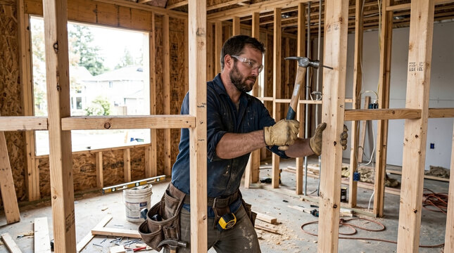 Man hammering nail into wooden stud during home construction project, focused on building framework with tool in hand. Essential home improvement work showcases craftsmanship and dedication.