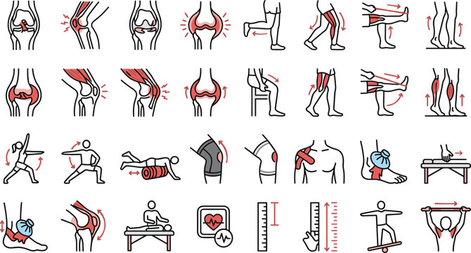 Knee pain relief and leg rehabilitation physical therapy icon set showing joint anatomy, muscle stretching exercises, kinesiology taping and physiotherapy treatment vector illustration.