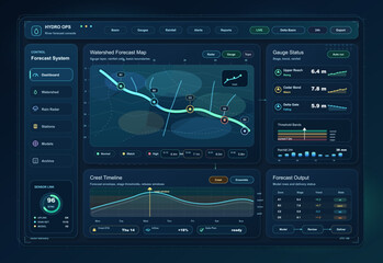 Obraz premium Hydro operations dashboard interface with watershed forecast map, gauge status cards, crest timeline, rainfall bars, and dark blue telemetry panels