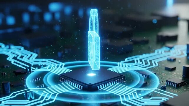 Glowing blue circuit board with microchip.