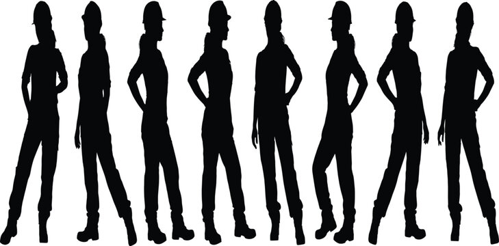 Female construction workers silhouettes collection featuring woman engineers in hard hats and safety helmets isolated black industrial vector icons