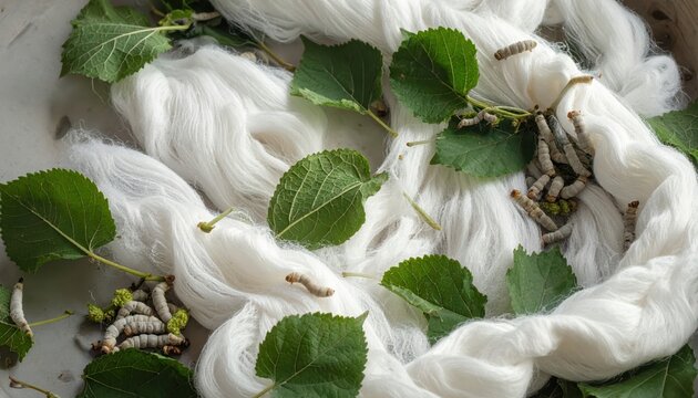 Silkworms spinning cocoons amidst mulberry leaves on delicate silk threads