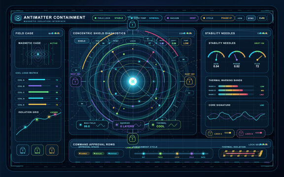 Futuristic antimatter containment dashboard with glowing orbital core, shield diagnostics, lock panels, gauges and thermal controls on a dark screen