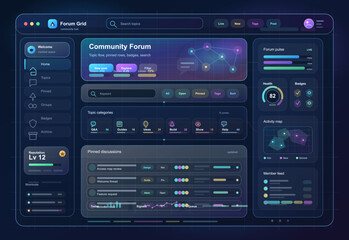 Fototapeta premium Futuristic community forum interface with neon sidebar, search bar, topic cards, pinned discussions, activity widgets and dark blue layout