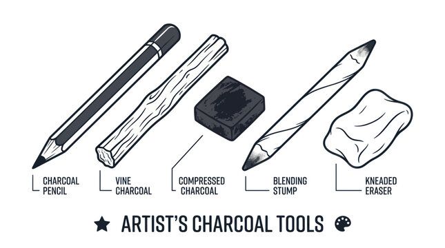 Artist's Charcoal Drawing Tools Set: Pencil, Vine, Compressed Charcoal, Stump, Eraser