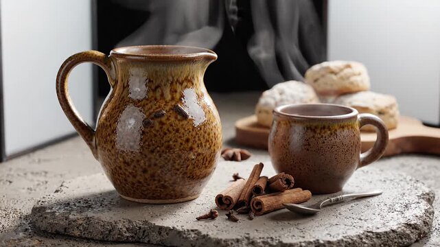 Brown ceramic pitcher pouring steaming hot tea. Small clay mug holding liquid. Cinnamon sticks.