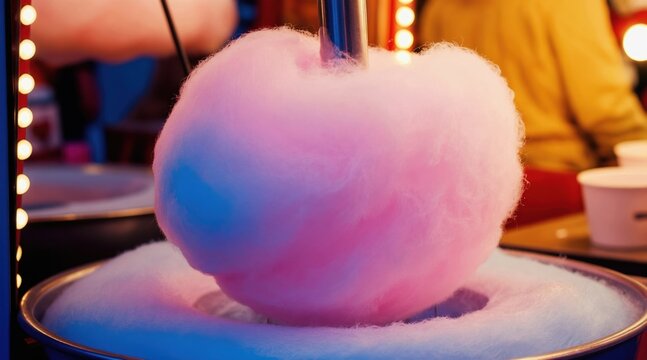 Pink and blue candy floss being made in a machine at a night fair. Sweet spun sugar treat being spun for customers at a carnival event. Festive lights glow in background.