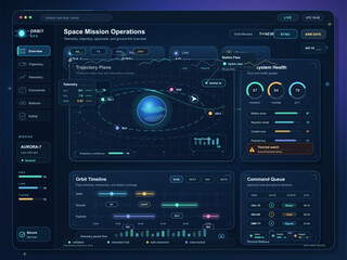 Dark space mission operations dashboard interface with orbit trajectory map, telemetry gauges, command queue, timeline, and teal digital HUD panels © Антон Сальников